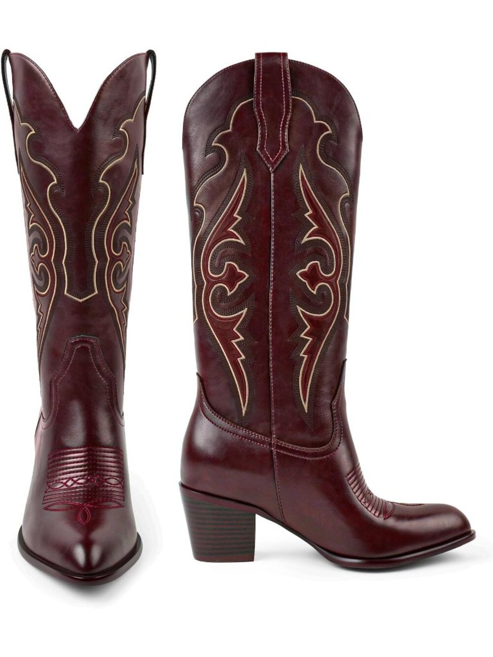 Women's Red Embroidered Western Cowgirl Boots with Chunky Heel Comfort Boot - Picture 6 of 7